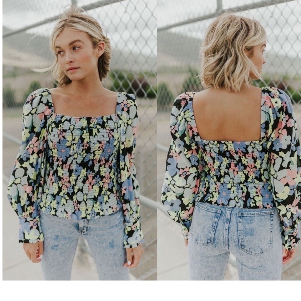 Free People Smocked Floral Puff Sleeve Top Black Motif Ariana Womens XS NEW
